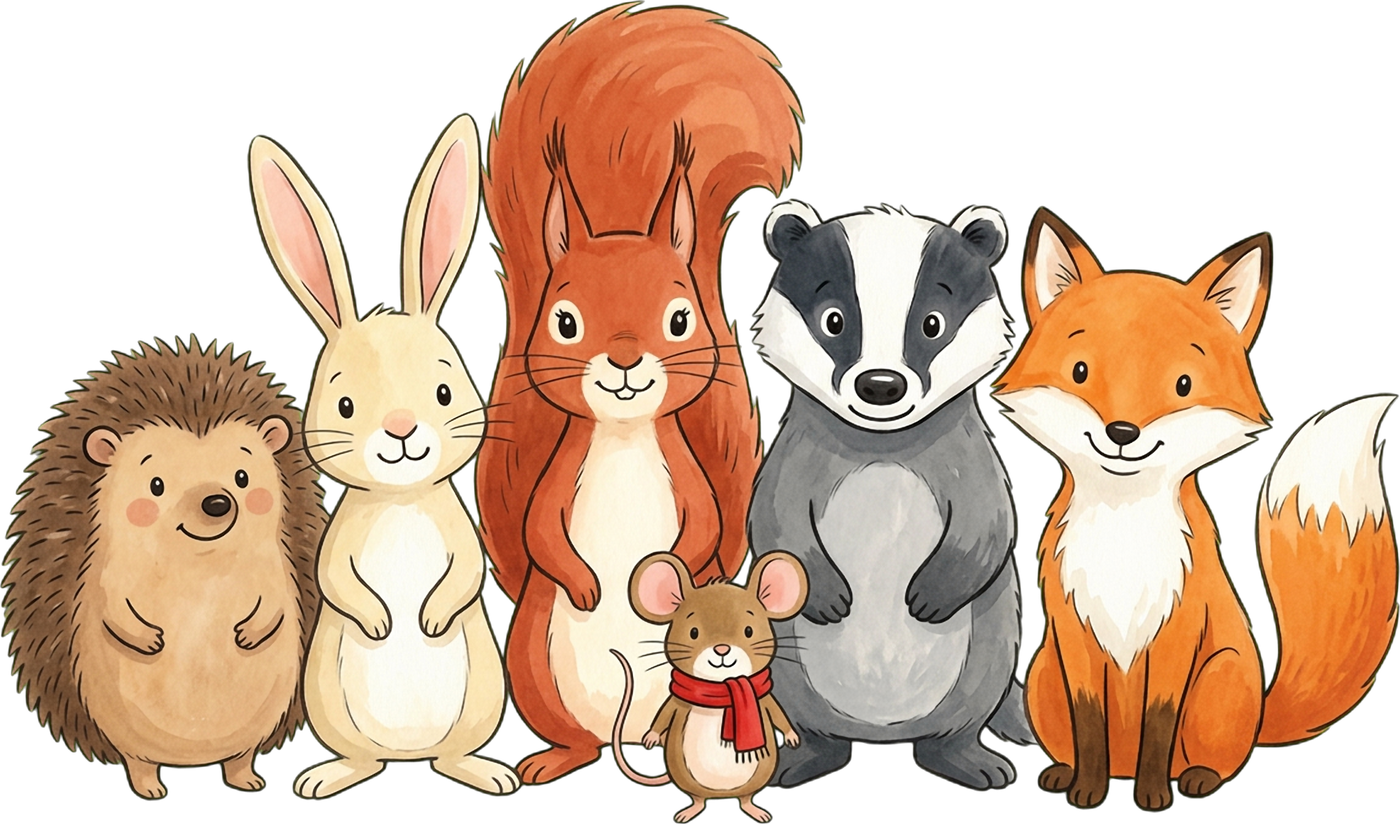 The friends from the Winterhol: hedgehog, rabbit, squirrel, badger, fox and the little mouse with the red scarf