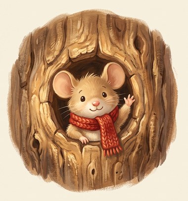The mouse with the red scarf peeking out of a tree trunk